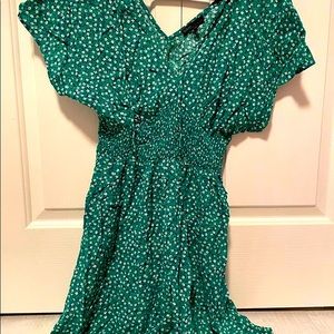 Gorgeous Green Dress+Small White Flower Prints.V-neck front and back Tie strings